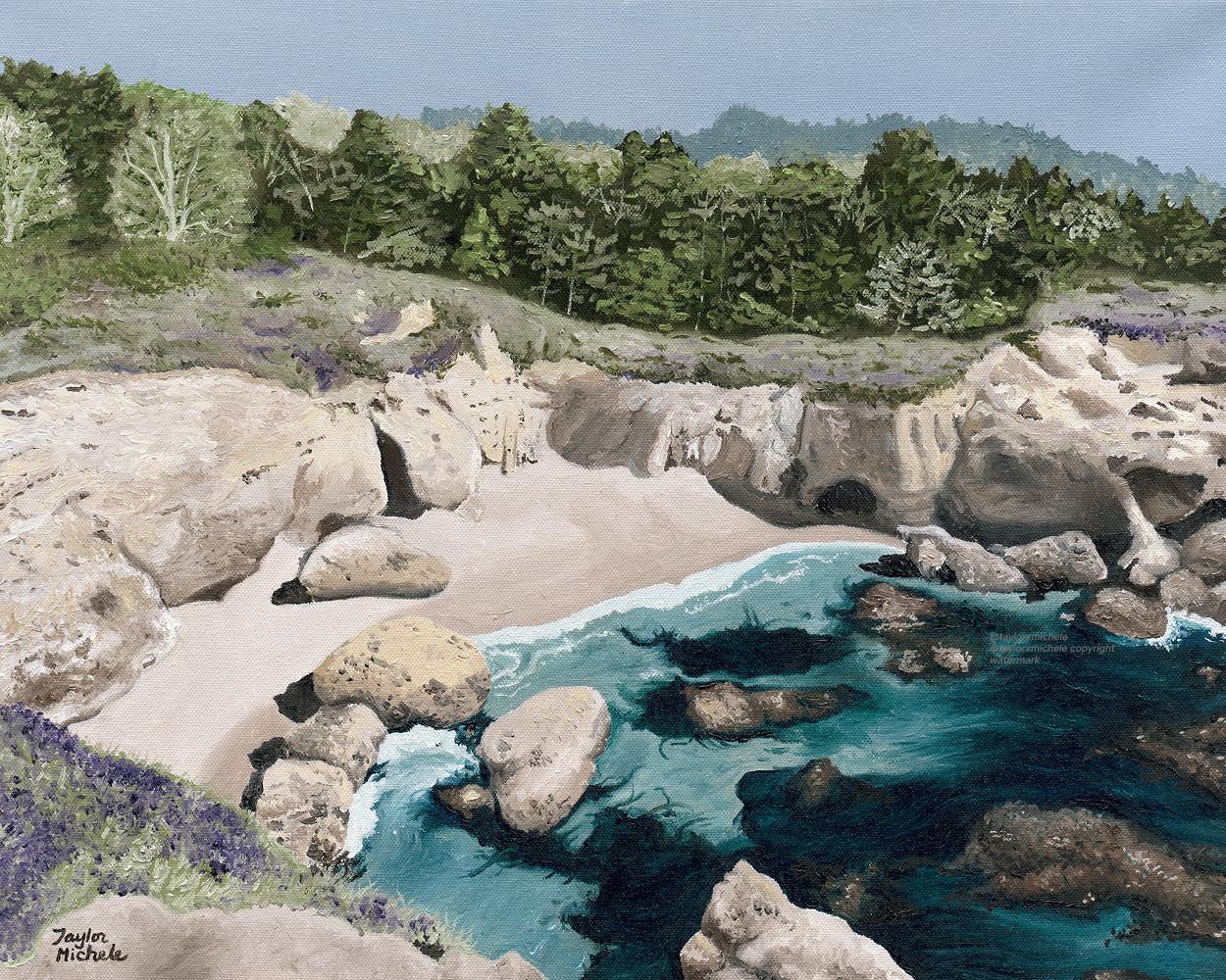 Scenic coastal landscape with rocks, water, and trees