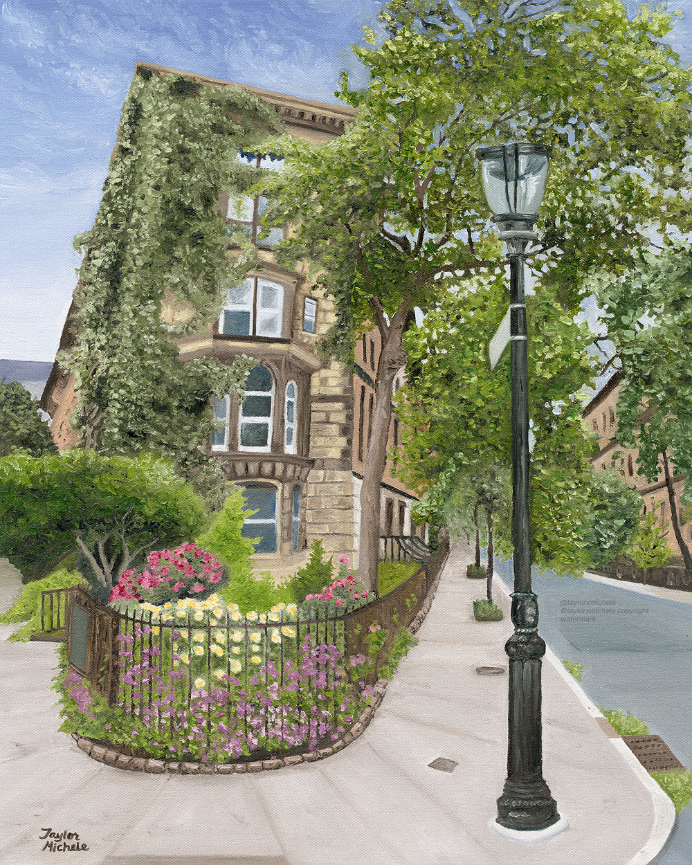 Stately building in New York City with ivy and flowers, street lamp, and sidewalk