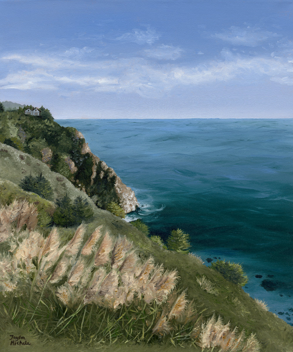 Landscape painting of a coastal scene with grass, water, and sky.