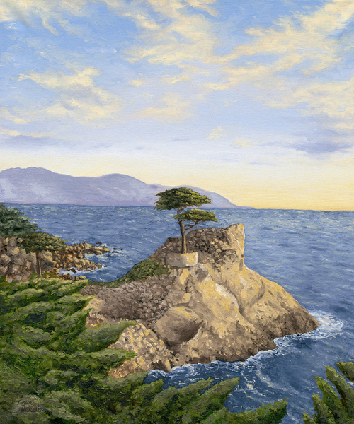 Oil painting of a coastal landscape with a lone cypress tree on a rocky coast in Pebble Beach, CA