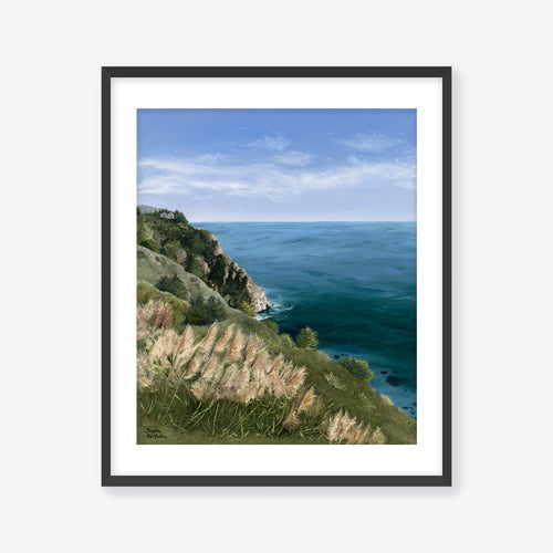 Framed artwork of a coastal landscape with grassy hill and ocean. Black Frame