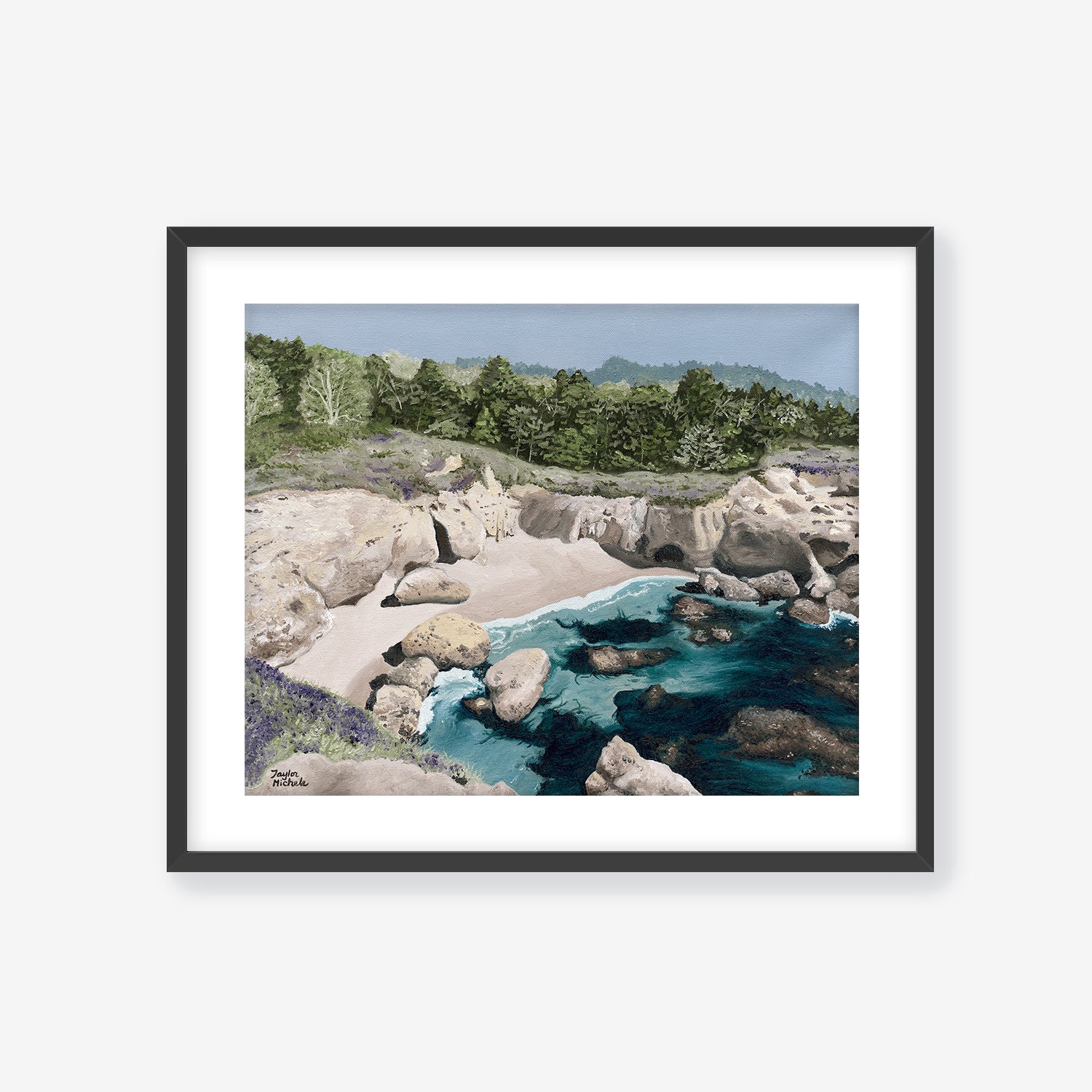 Framed artwork of a natural landscape with rocks, water, and trees. Black frame