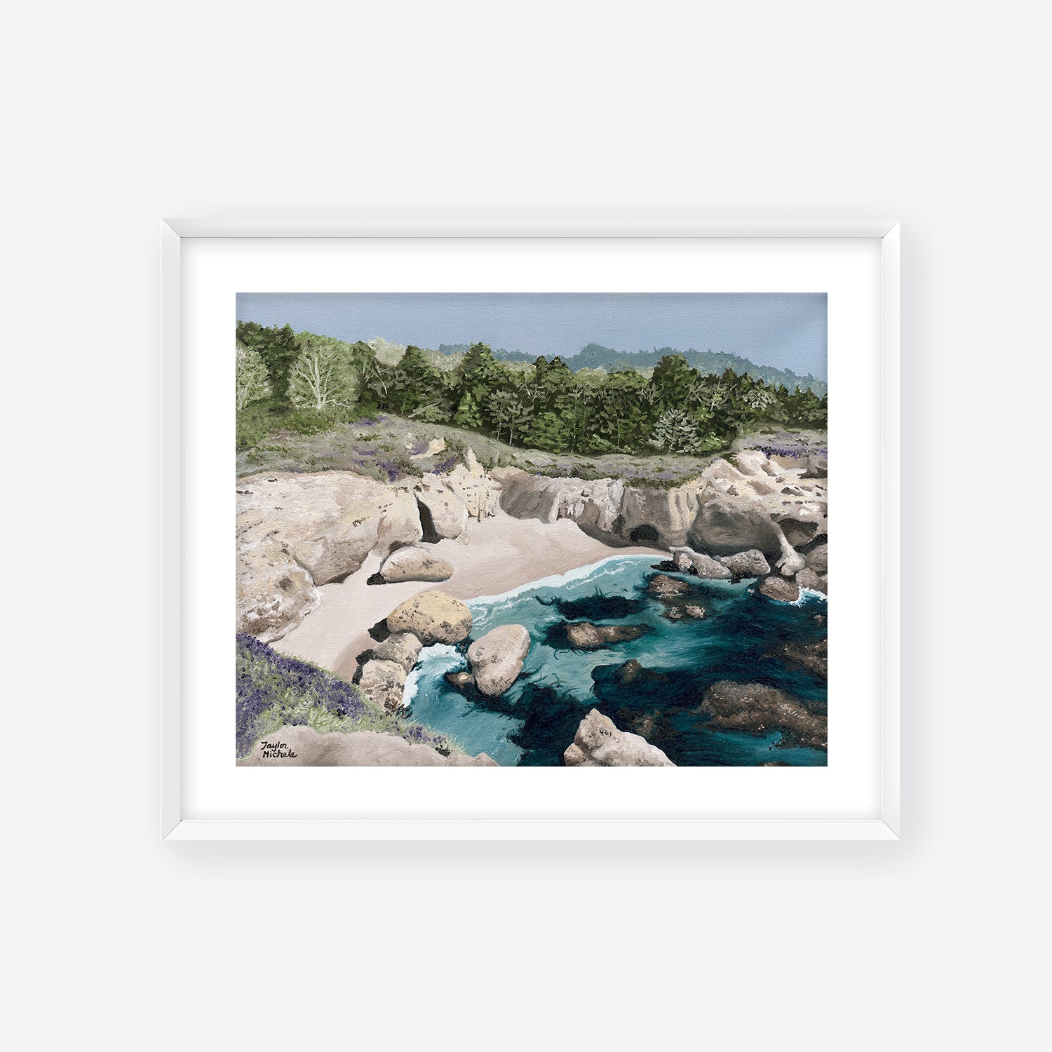 Framed artwork of a natural landscape with rocks, water, and trees. White frame