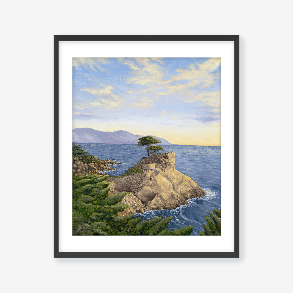 Framed artwork of a coastal scene with a tree on a rock, blue sky, and ocean. Black frame