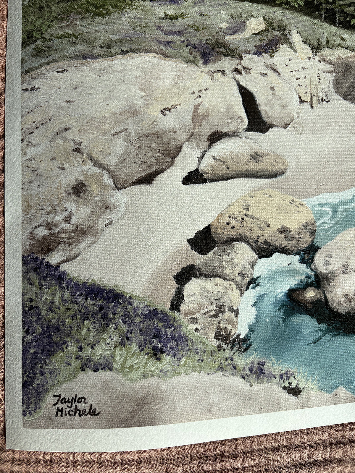 Artistic depiction of a rocky landscape with water and vegetation, signed 'Taylor Michele'.