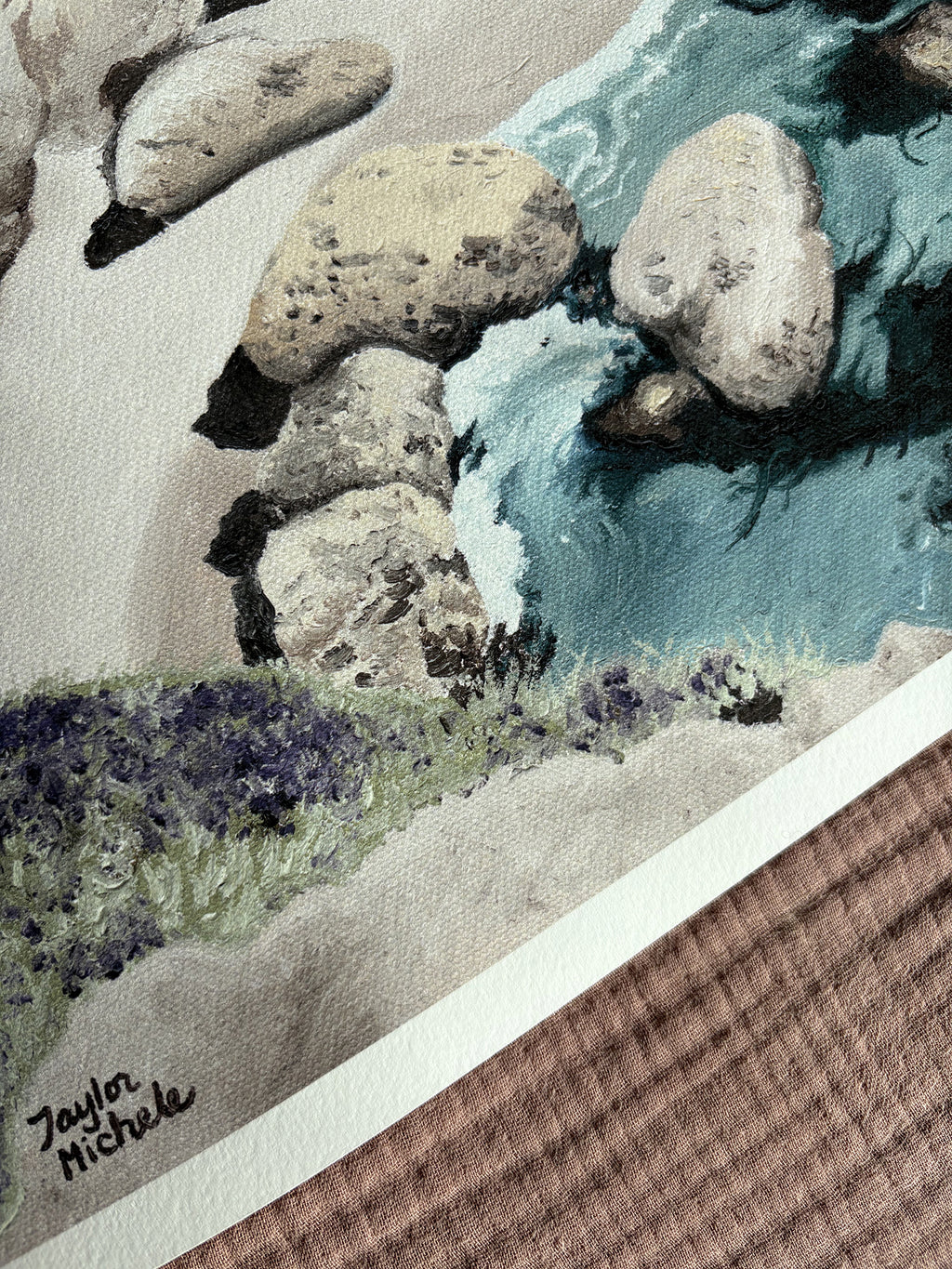 Artistic depiction of water flowing over rocks with a textured background