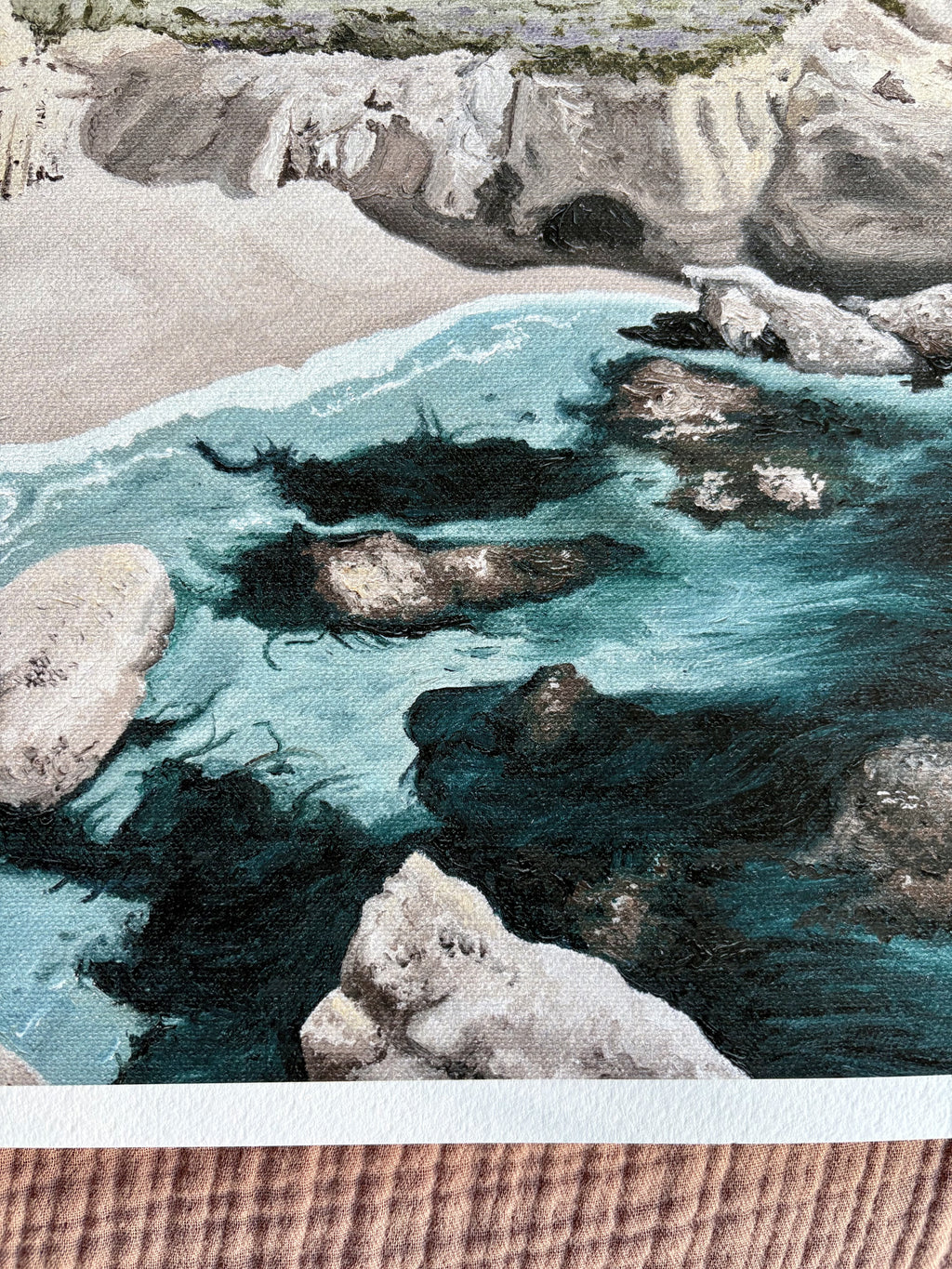 Close up of Carmel Highlands fine art print showing the rocky coastal cove and the ocean hitting the shore