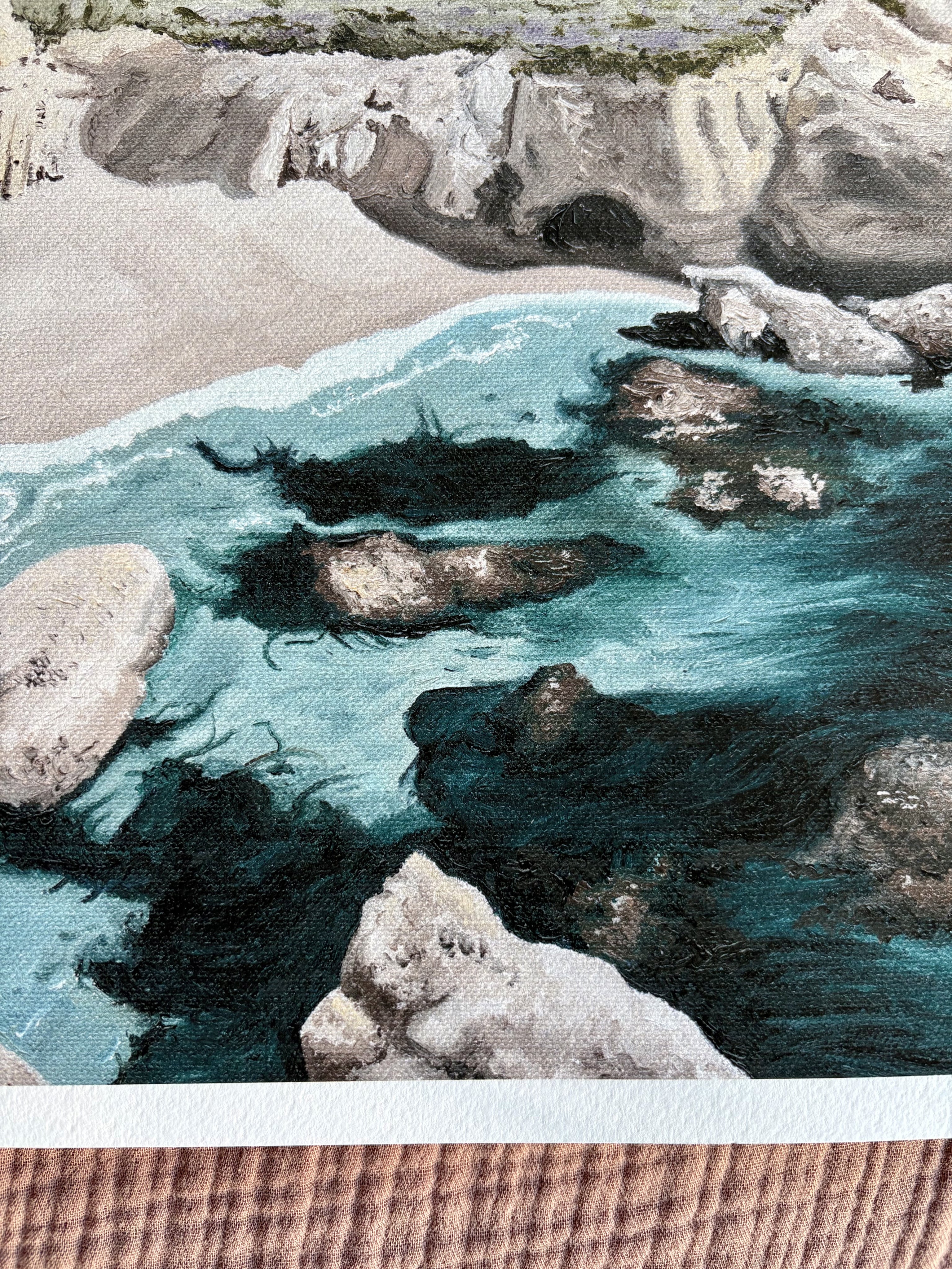 Close up of Carmel Highlands fine art print showing the rocky coastal cove and the ocean hitting the shore