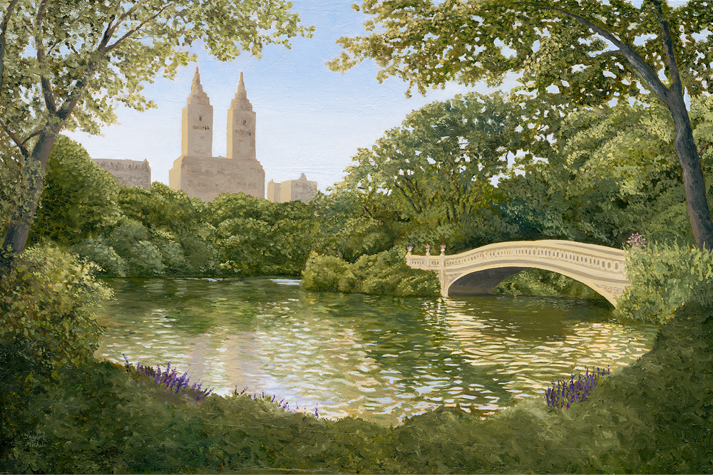 Central Park scene with a bridge over a pond and tall buildings in the background