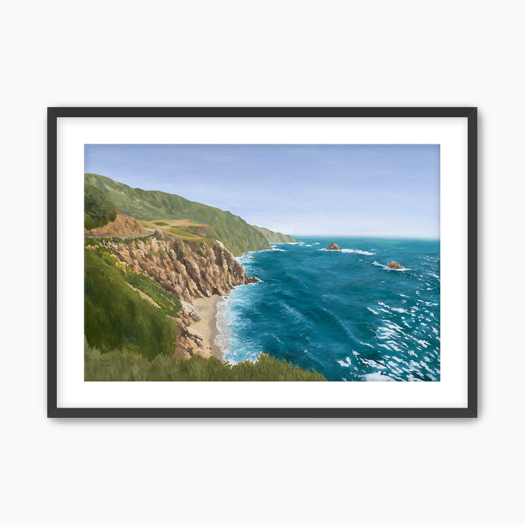 Framed Big Sur coastal landscape oil painting featuring rugged California cliffs, turquoise Pacific Ocean water, and a winding coastal highway under soft blue skies. Original seascape artwork inspired by the dramatic beauty of the California coastline. Black solid wood frame