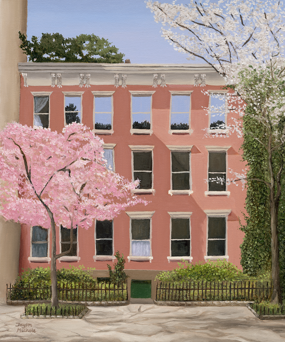 Oil on canvas painting of a pink row house with cherry blossom trees in front in the west village, New York City